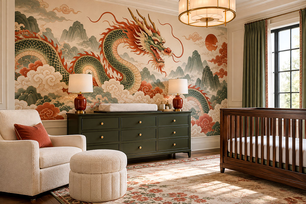 Chinese dragon wall mural in a nursery featuring a large red and gold dragon with teal mane, curling whiskers, blue clouds and painted mountains