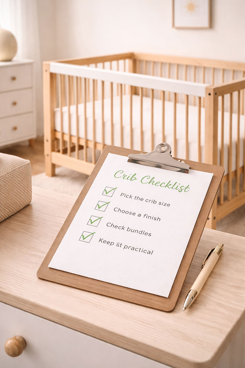simple checklist on a clipboard next to a modern crib in a neutral nursery with clean lines