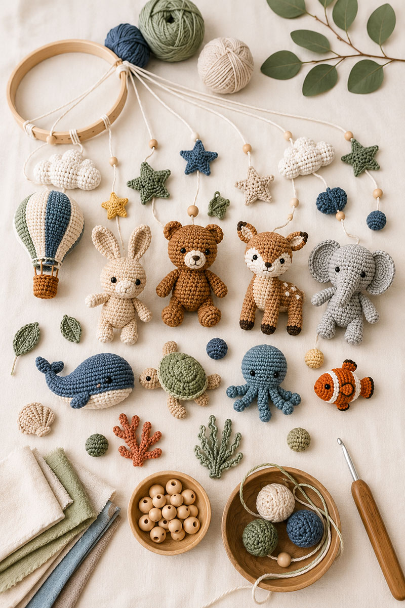Crochet baby mobile pattern pieces arranged by size and color for a nursery display