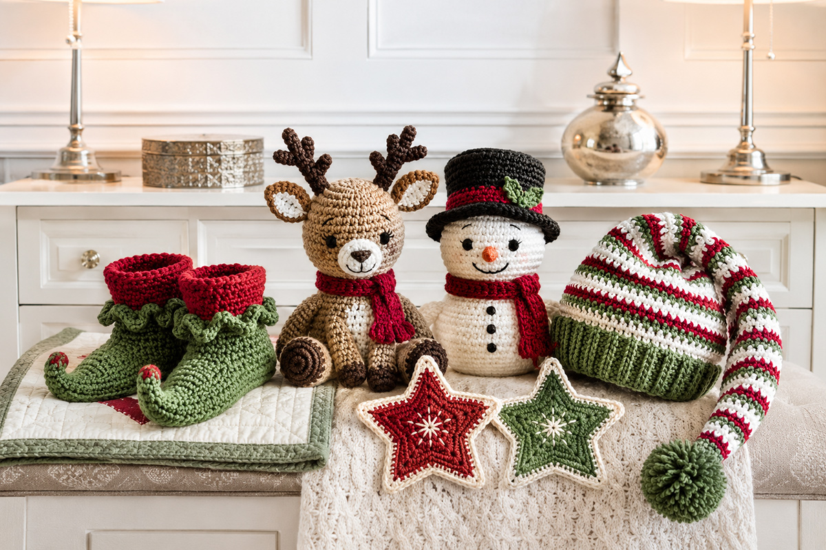 Collection of free Christmas crochet patterns including reindeer, snowman, ornaments and handmade baby gifts