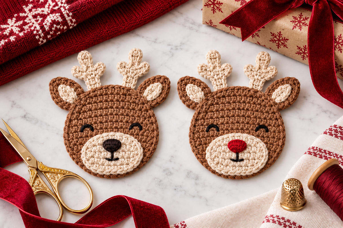 Christmas crochet reindeer face applique with antlers, cream muzzle and optional red nose
