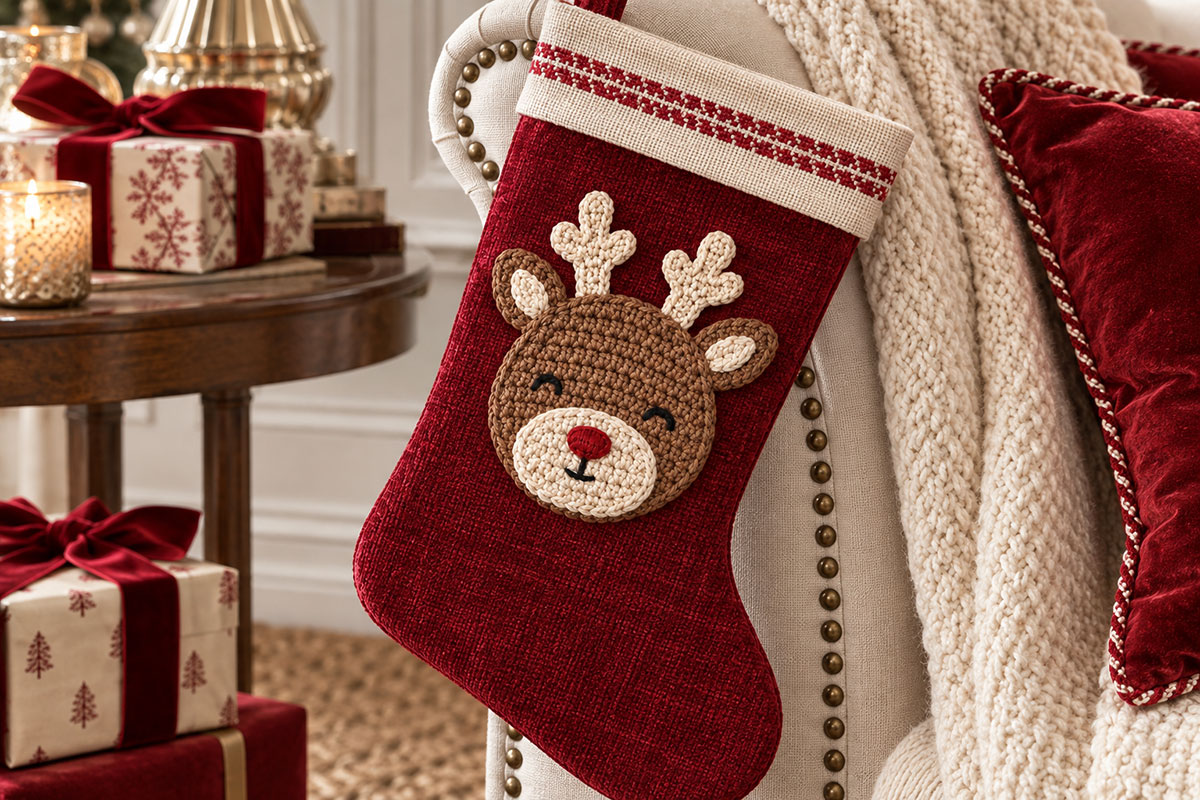 Red nose Christmas crochet reindeer face applique sewn flat to a deep cranberry fabric stocking
