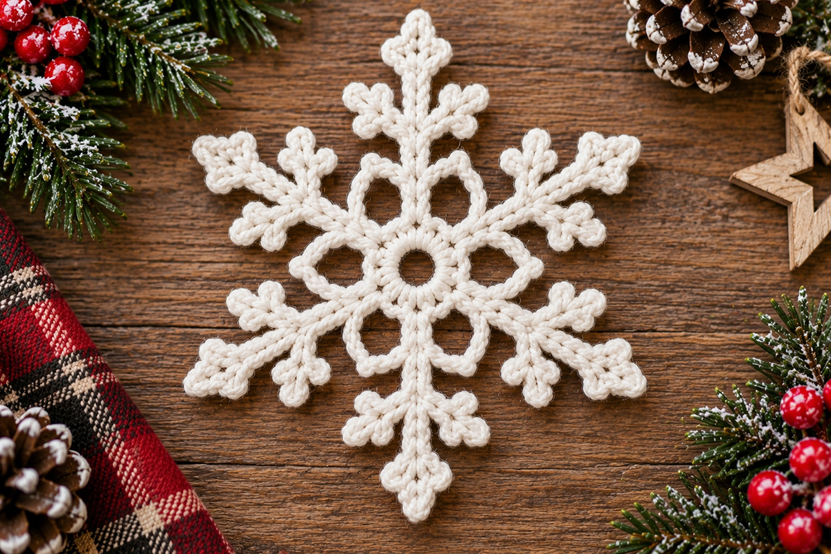 Finished six-point Christmas crochet snowflake applique in warm white yarn with symmetrical side branches and pointed tips