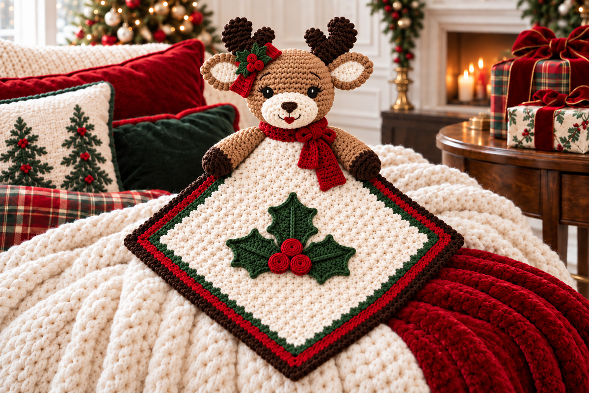 Christmas Miss Kissy Moose crochet lovey with feminine holiday details