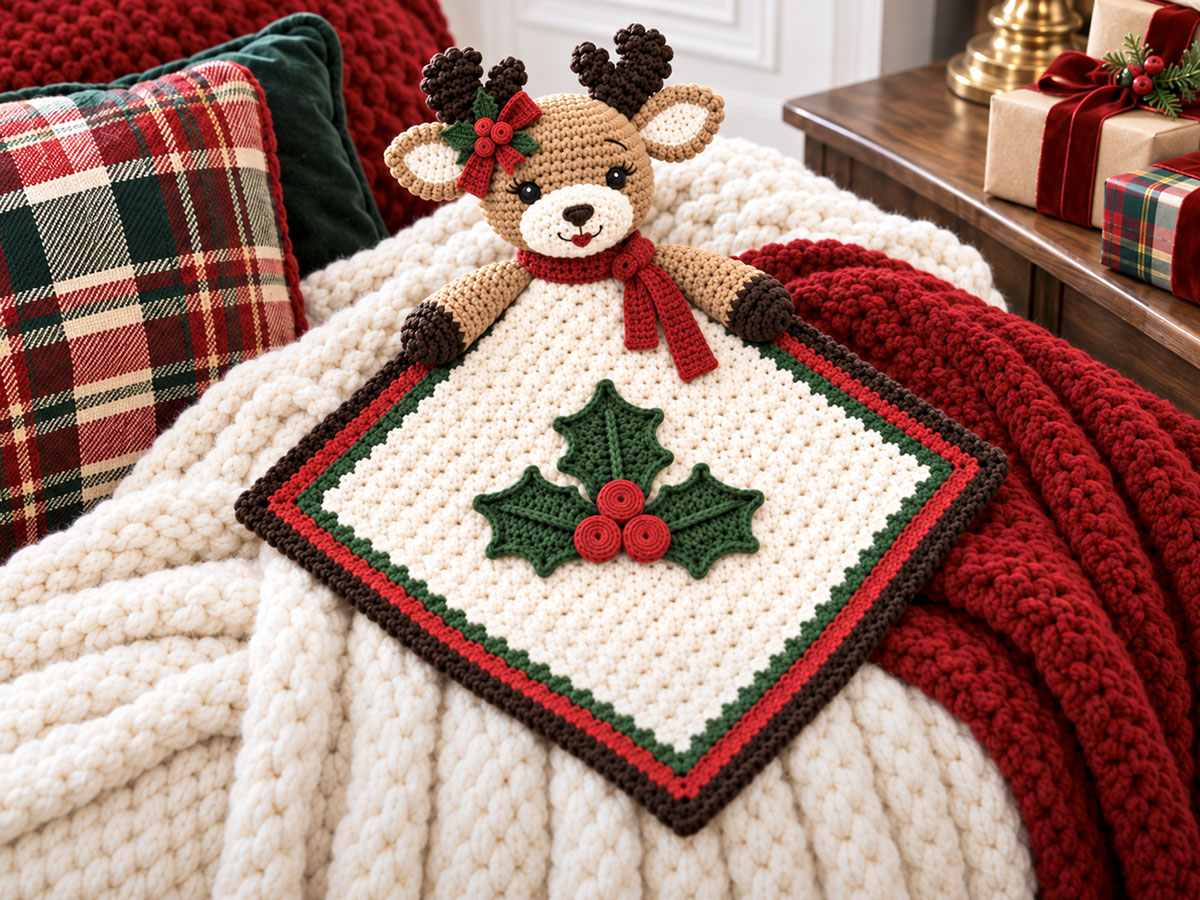 Christmas Miss Kissy Moose lovey with three-leaf holly appliques, flat red crocheted berries and a cranberry bow