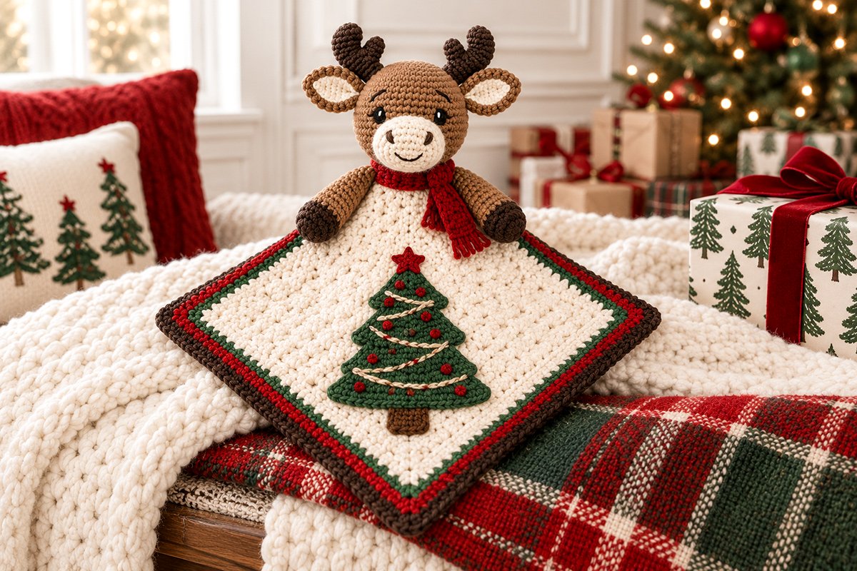 Christmas moose lovey snuggler crochet pattern featuring Manley the Moose