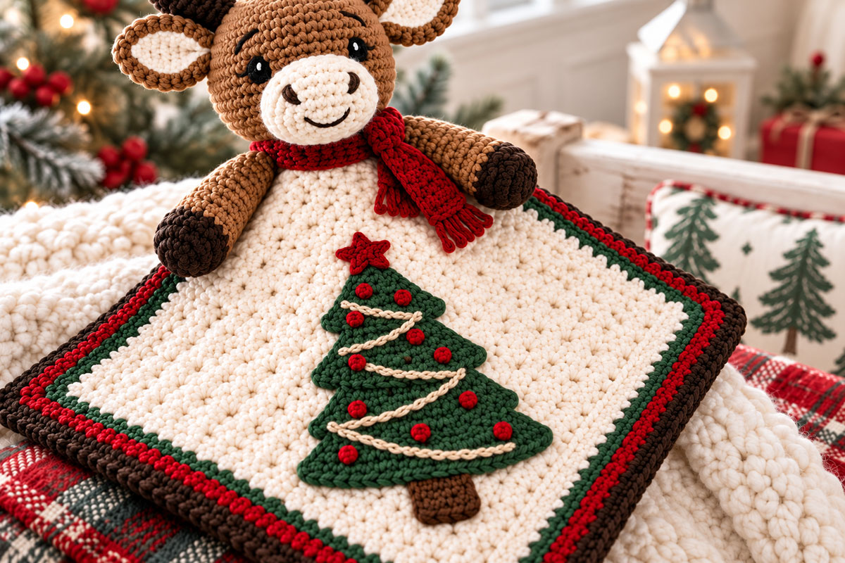 Flat crochet Christmas tree applique sewn to the lemon-peel blanket on the Manley the Moose Christmas lovey