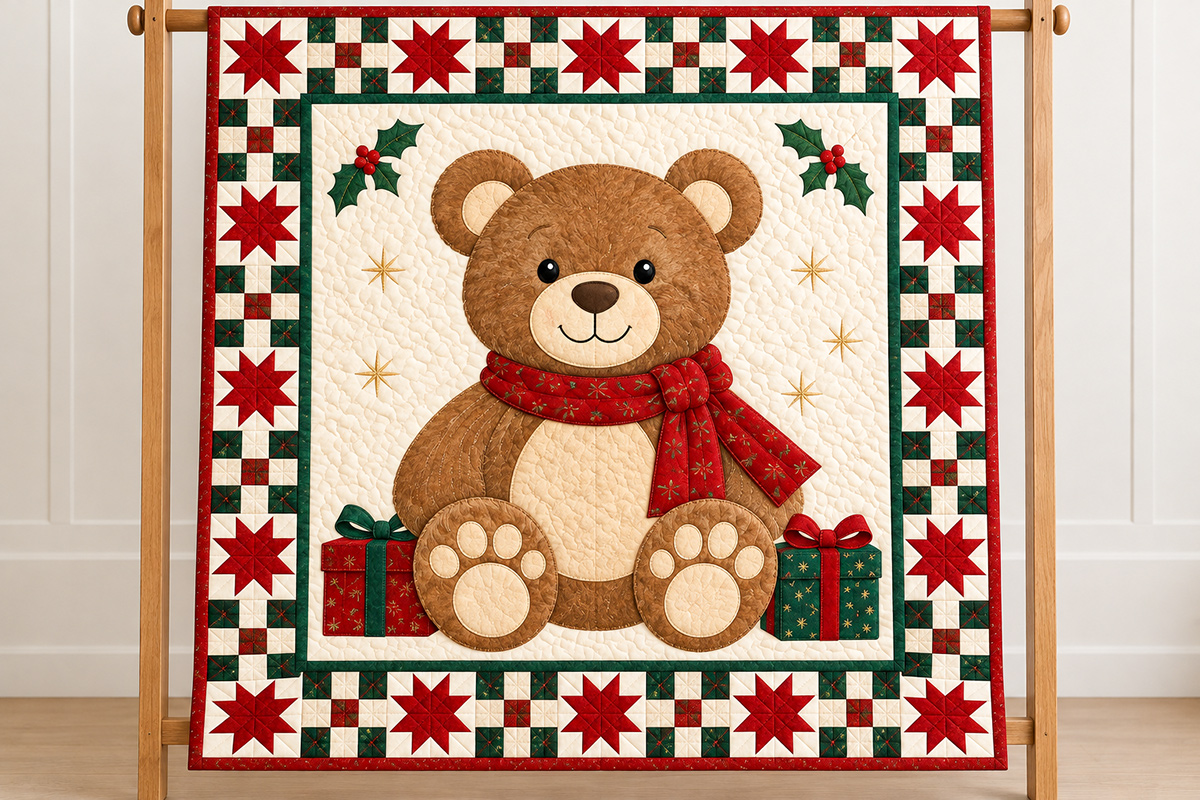 Christmas teddy bear appliqué quilt with a brown bear red scarf wrapped presents red patchwork stars and green checkerboard border