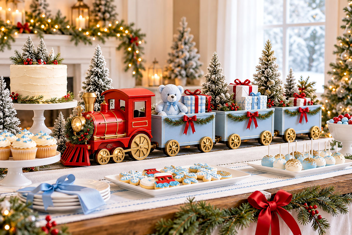 Christmas train baby shower decorations for a boy with red locomotive baby blue train cars snowy Christmas trees and red and blue ribbon on a welcoming party table