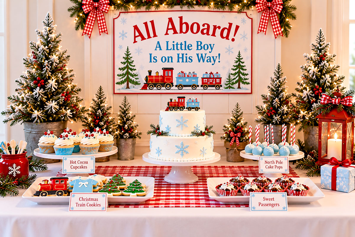 Christmas train baby shower dessert table for a boy with white snowflake cake red train decoration blue onesie cookies Christmas tree cookies and cupcakes