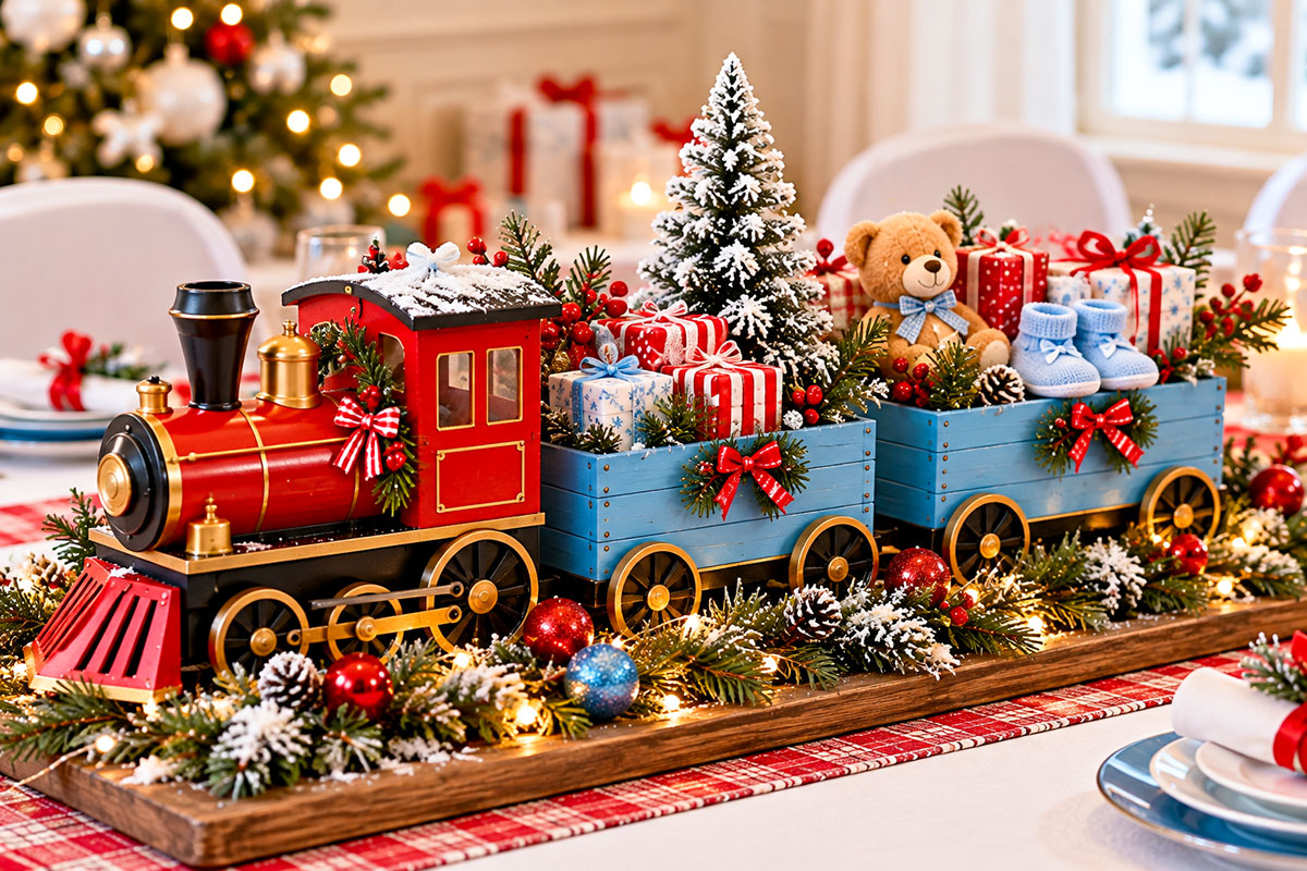 Easy DIY Christmas train baby shower centerpiece with red toy locomotive two baby blue train cars miniature wrapped presents and small snowy Christmas trees