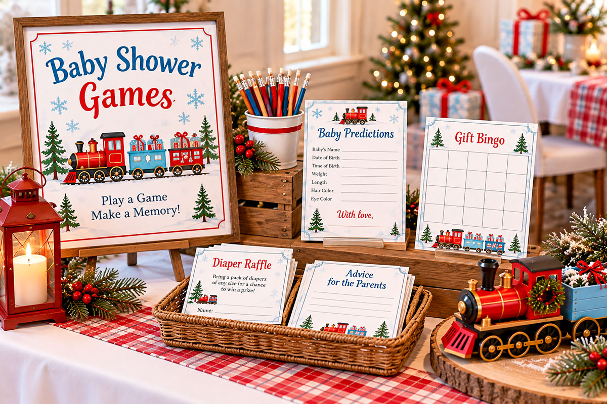 Christmas train baby shower games station with framed games sign gift bingo sheet baby predictions diaper raffle cards optional advice cards pencils and red toy train
