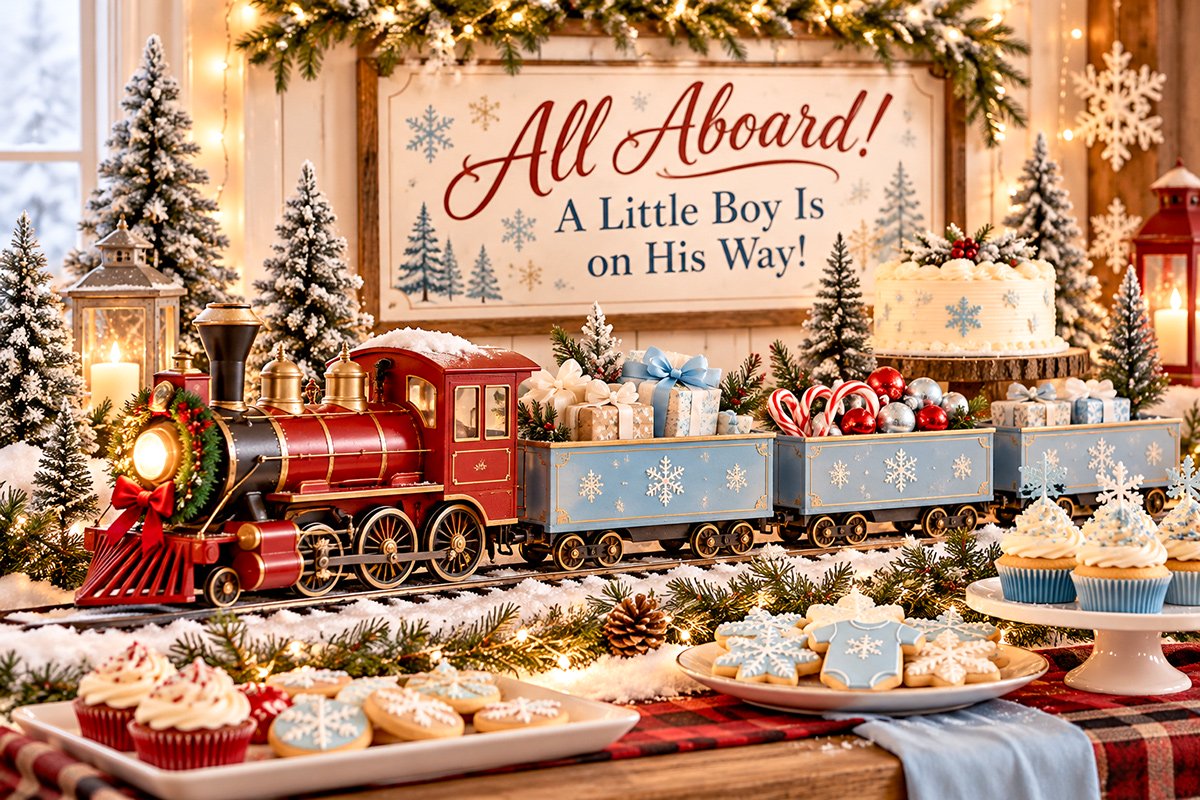 All Aboard Christmas train baby shower for a boy with red locomotive baby blue train cars snowy Christmas trees wrapped gifts and festive railway station decorations