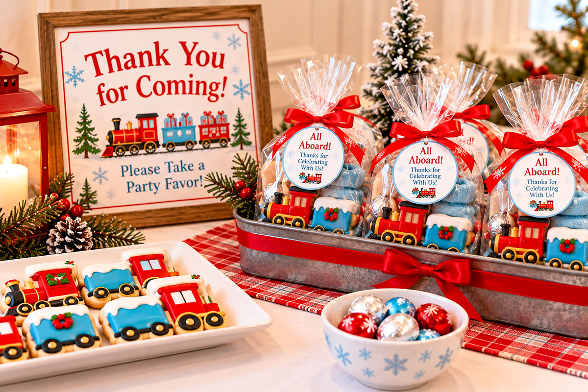 Christmas train baby shower favors with clear treat bags tied with red bows decorated train cookies wrapped chocolates and a framed thank you sign