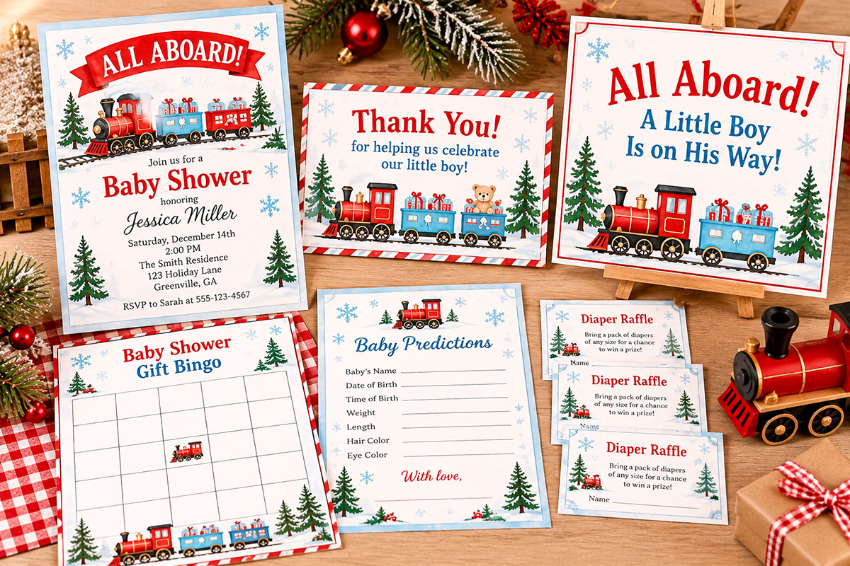 Decorative preview of the All Aboard Christmas train baby shower printable collection featuring train themed invitations games cards and party stationery in red and blue