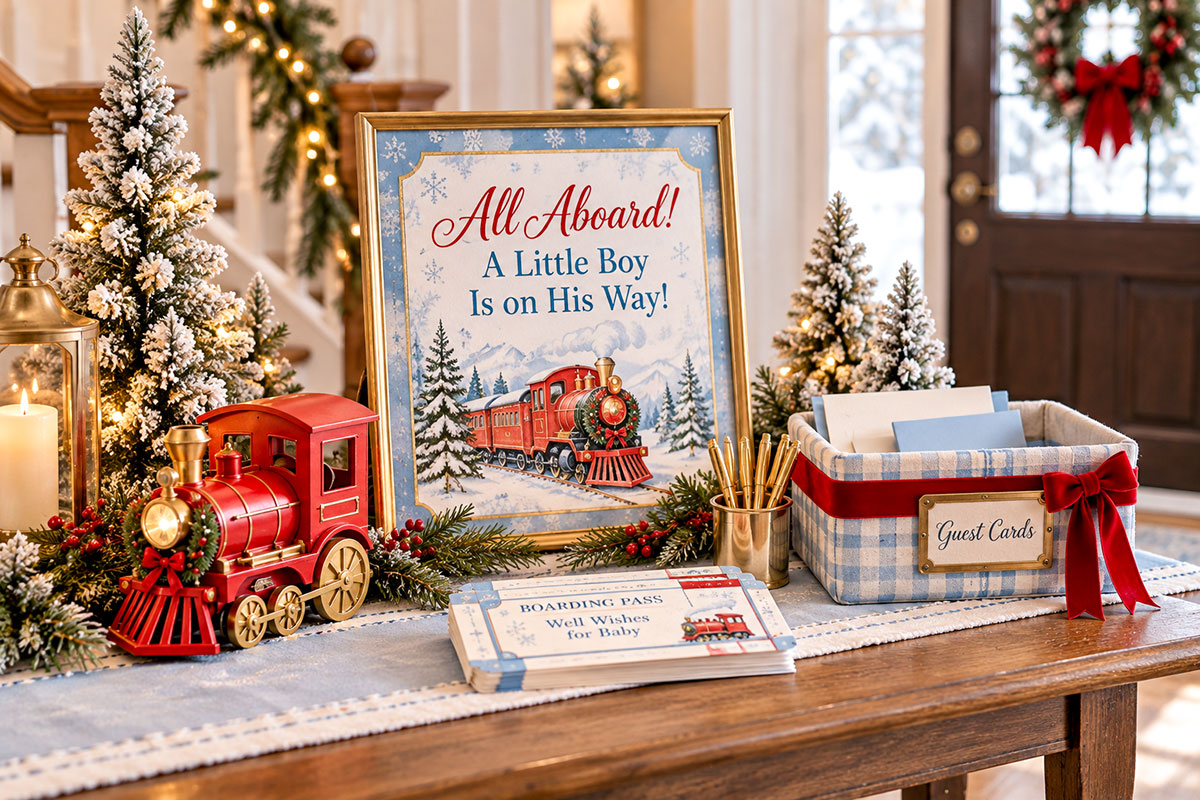 DIY Christmas railway station baby shower entrance with All Aboard welcome sign small red train snowy tabletop trees and basket for guest cards