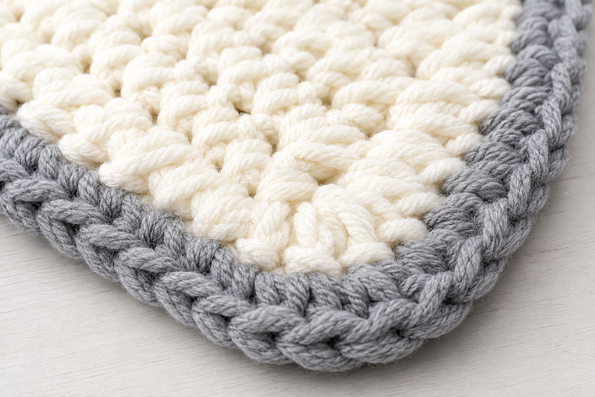 Angled close view of a neat single crochet border surrounding a ribbed chunky baby blanket