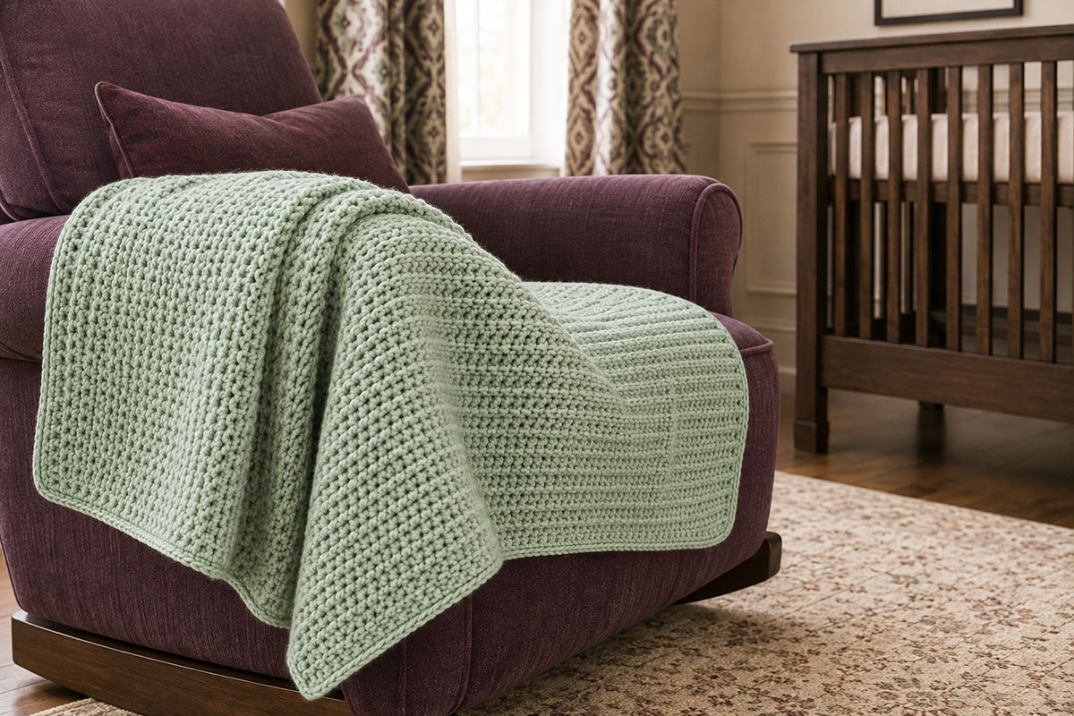 Close view of a simple single crochet border around a chunky half double crochet blanket