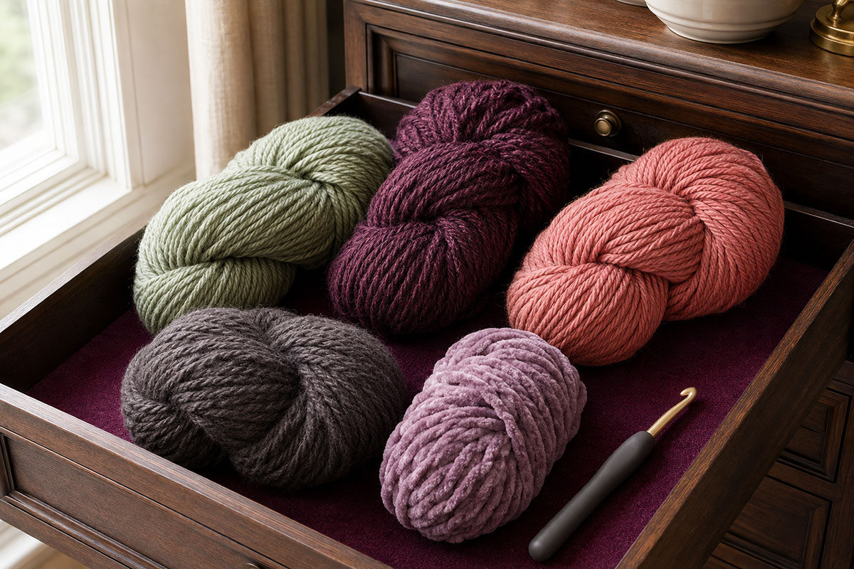 Several unbranded category 5 bulky yarn textures arranged beside a large crochet hook