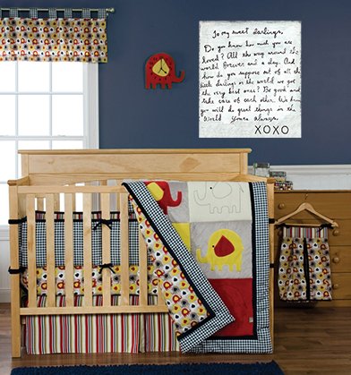 Vintage circus train baby nursery crib bedding set with elephants, giraffes, monkeys and other animals riding in a circus train