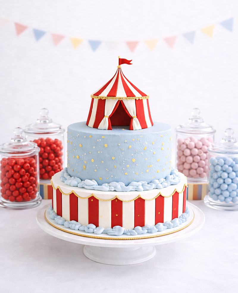Circus baby shower cake with striped design displayed on a styled table