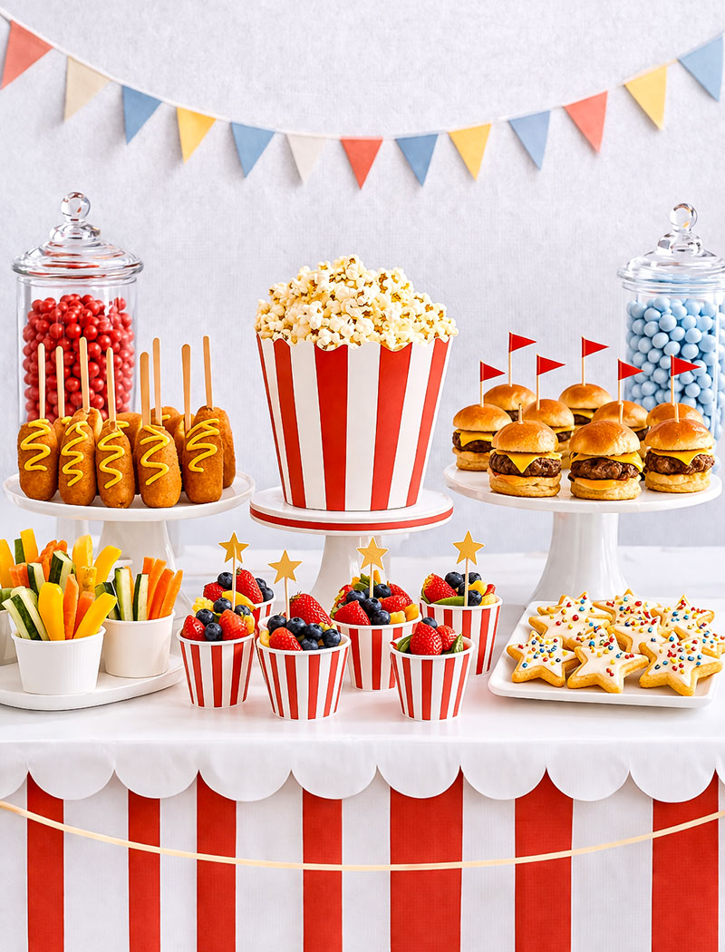 Circus baby shower food table with popcorn and snack display