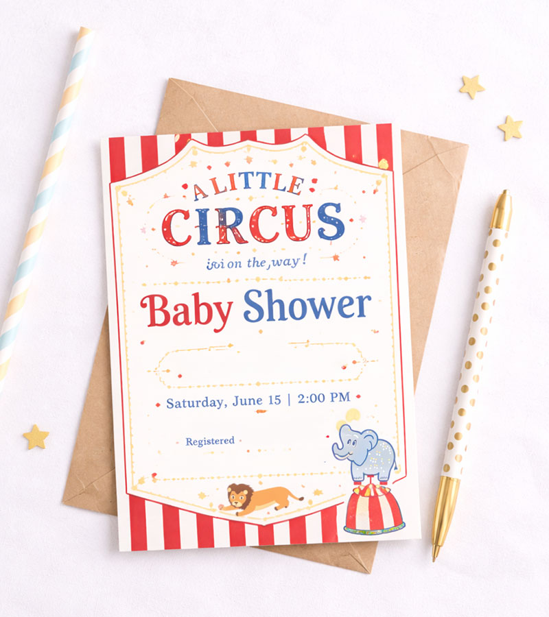 Circus baby shower invitations with striped design and simple layout