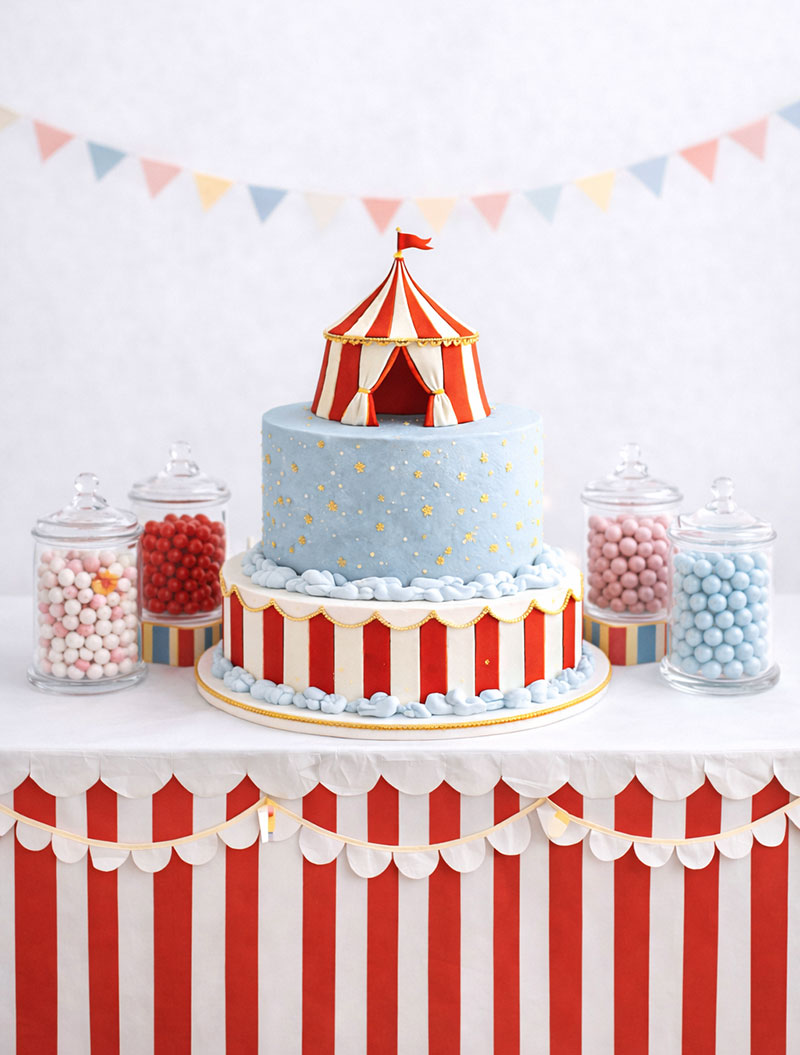 Circus baby shower decorations with striped table and coordinated dessert setup