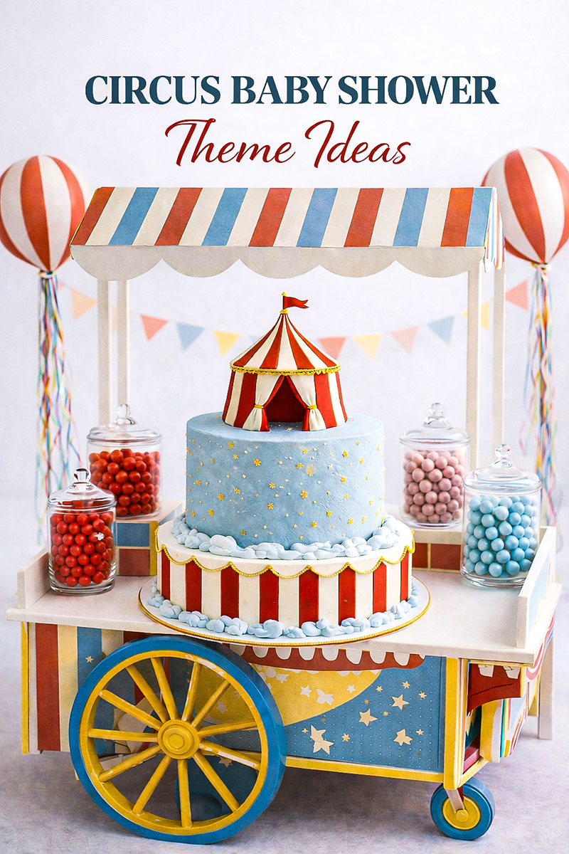 Circus baby shower theme ideas with a pastel circus cake on a dessert cart surrounded by candy jars and playful party decorations