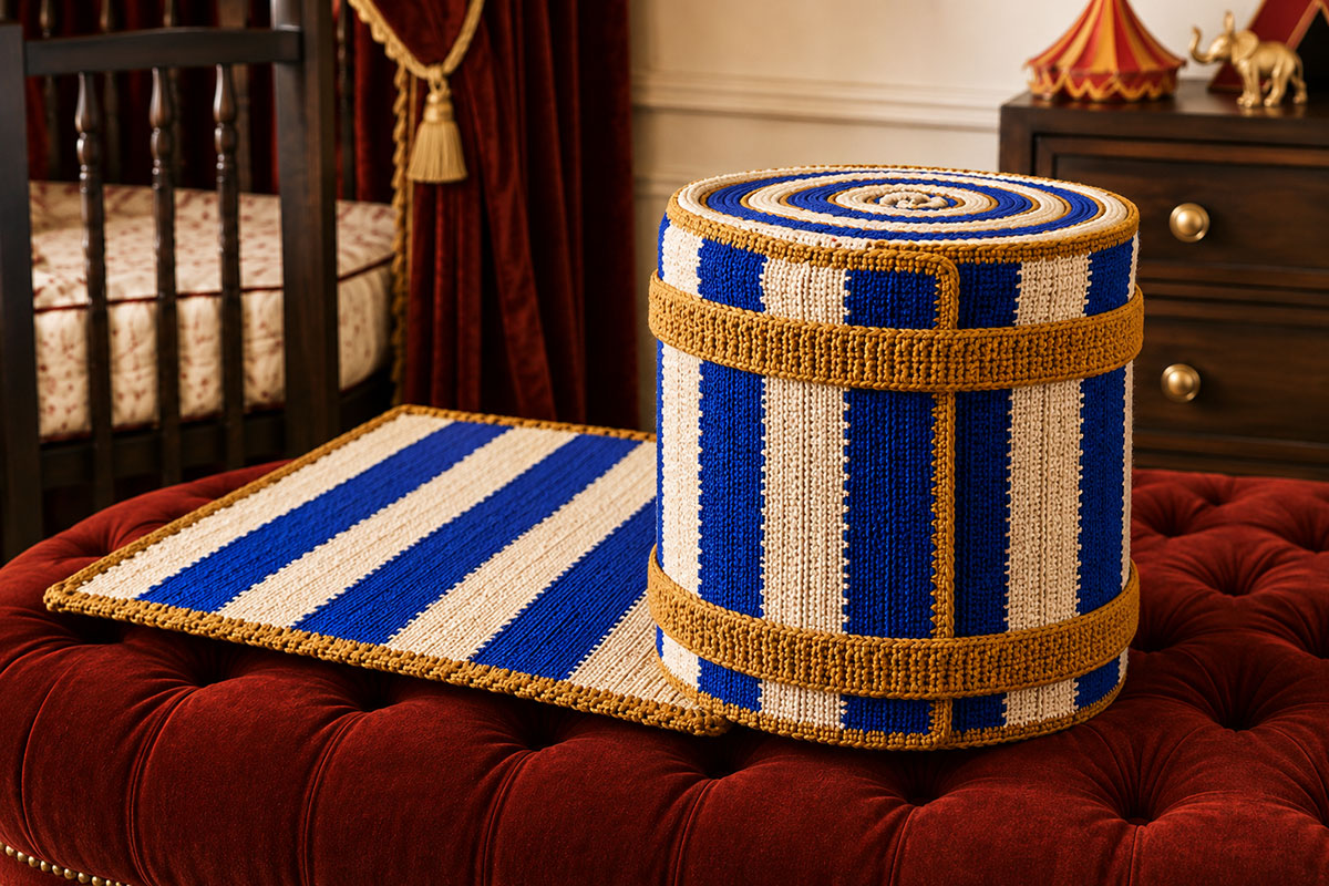 Back view of rolled royal blue and white crochet circus drum blanket showing the final blanket edge held flat beneath two removable gold crochet keeper hoops