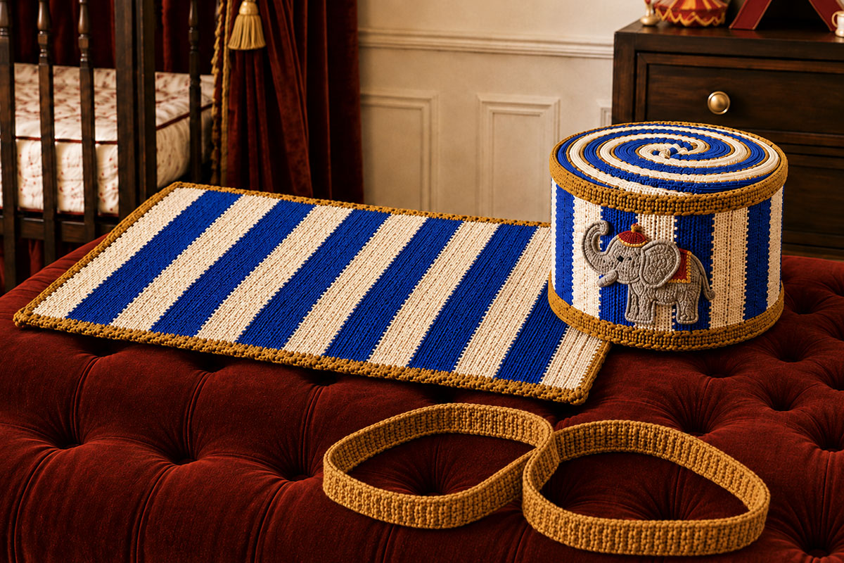 Finished royal blue and white crochet circus drum stroller blanket shown flat beside its rolled drum form with removable antique gold crochet hoops