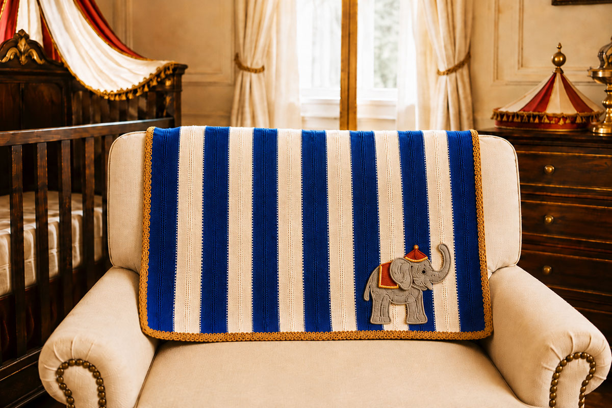 Royal blue and white crochet stroller blanket laid flat with a narrow raised antique gold crochet border
