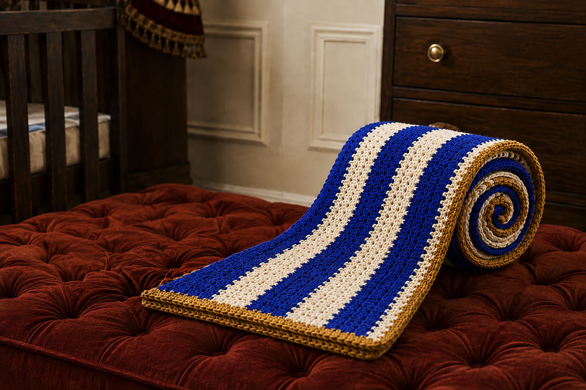 Royal blue and white crochet stroller blanket folded lengthwise and partly rolled with the antique gold edging forming a spiral at the top