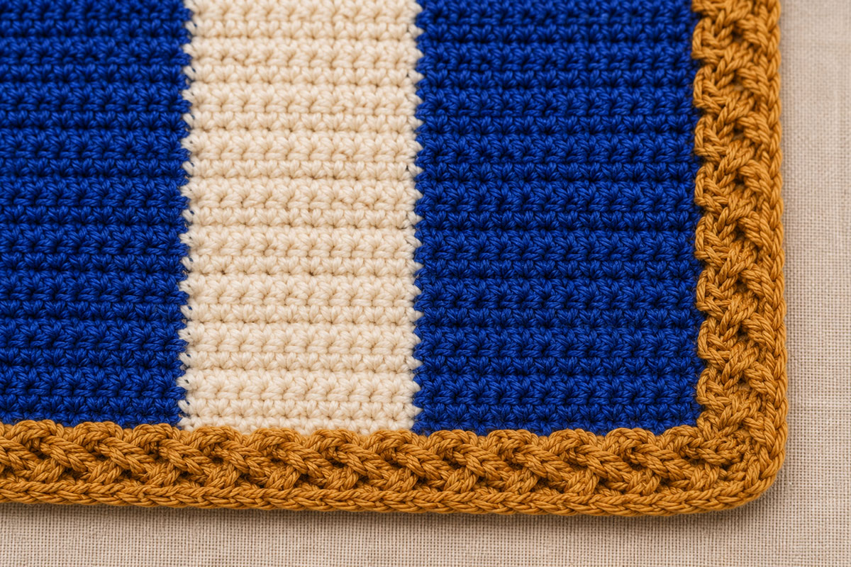 Close view of narrow antique gold crossed front post crochet edging around a royal blue and white striped baby blanket