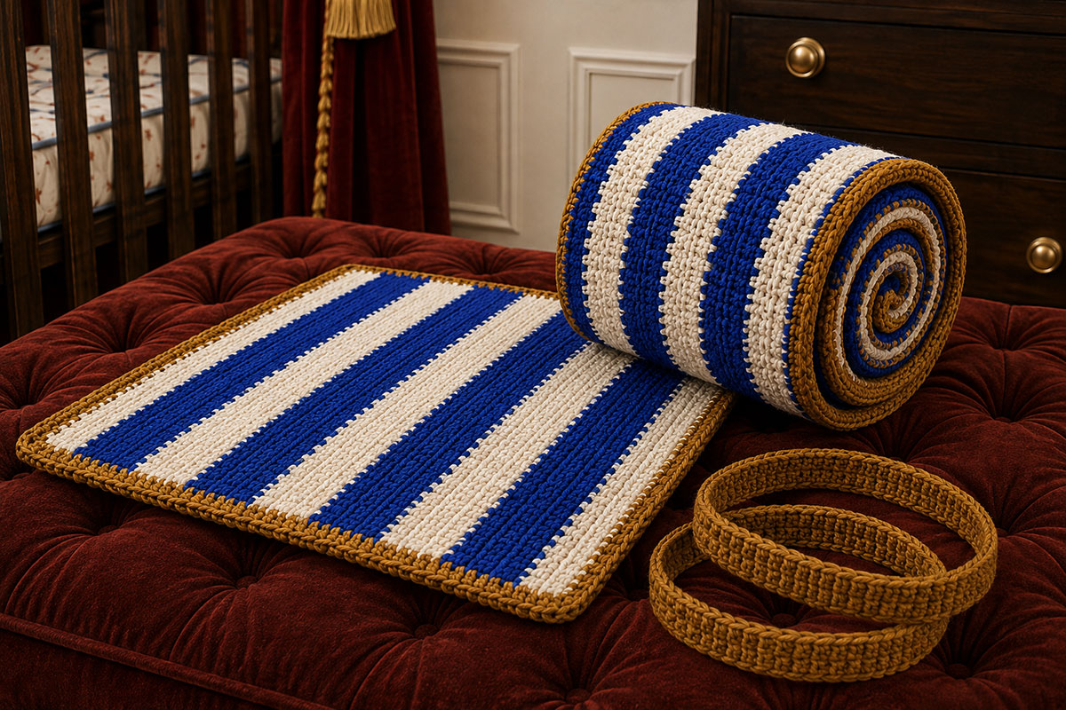 Top view of rolled royal blue and white crochet circus drum blanket showing antique gold edging winding through the soft spiral