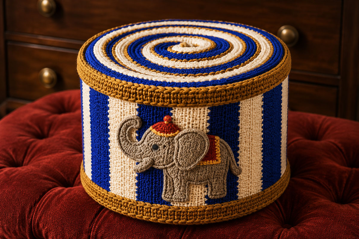 Two removable antique gold ribbed crochet keeper hoops fitted around the top and bottom of a rolled royal blue and white circus drum blanket