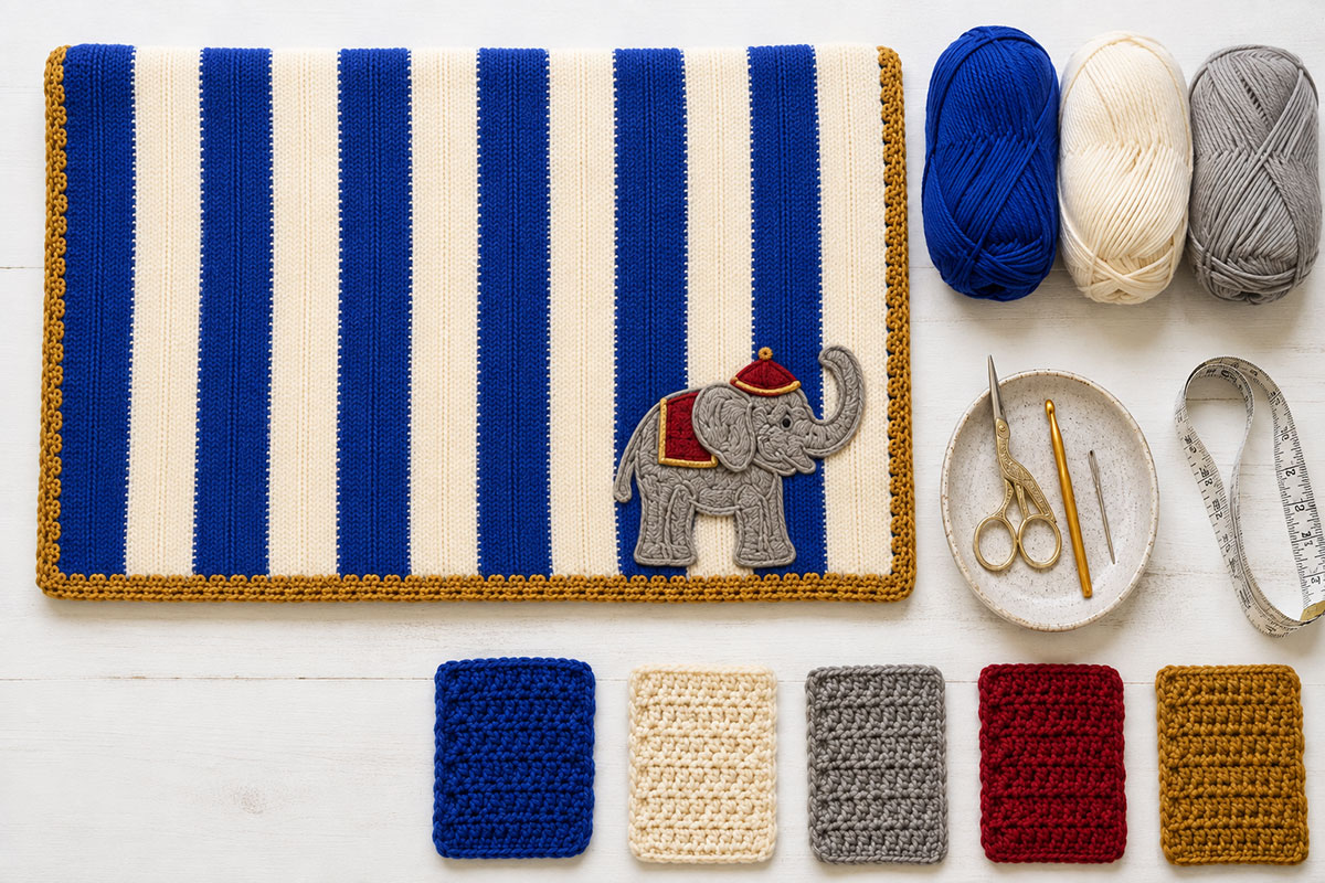Royal blue white and antique gold worsted weight yarn with a crochet hook beside a blue and white crochet gauge swatch