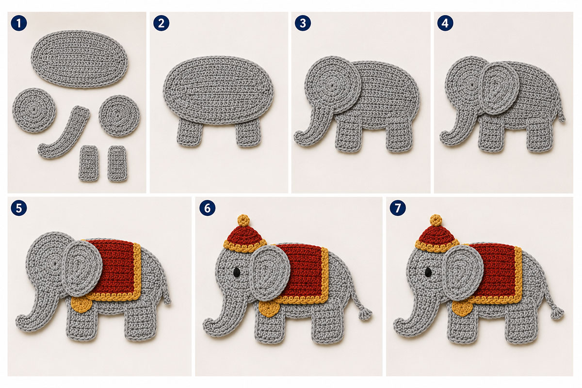 Assembled gray crochet circus elephant applique with curled trunk large ear red saddle blanket and red and gold hat