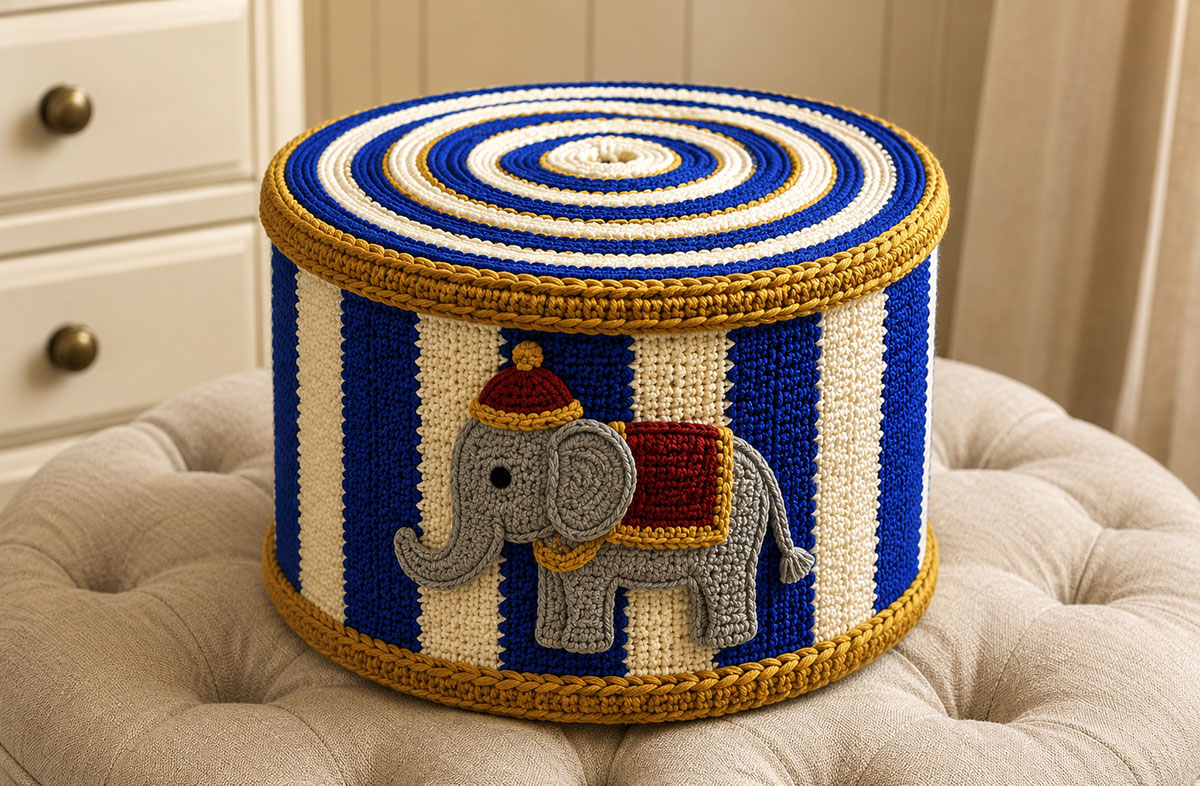 Finished crochet circus elephant applique sewn securely to a handmade baby blanket with the curled trunk and saddle fully visible