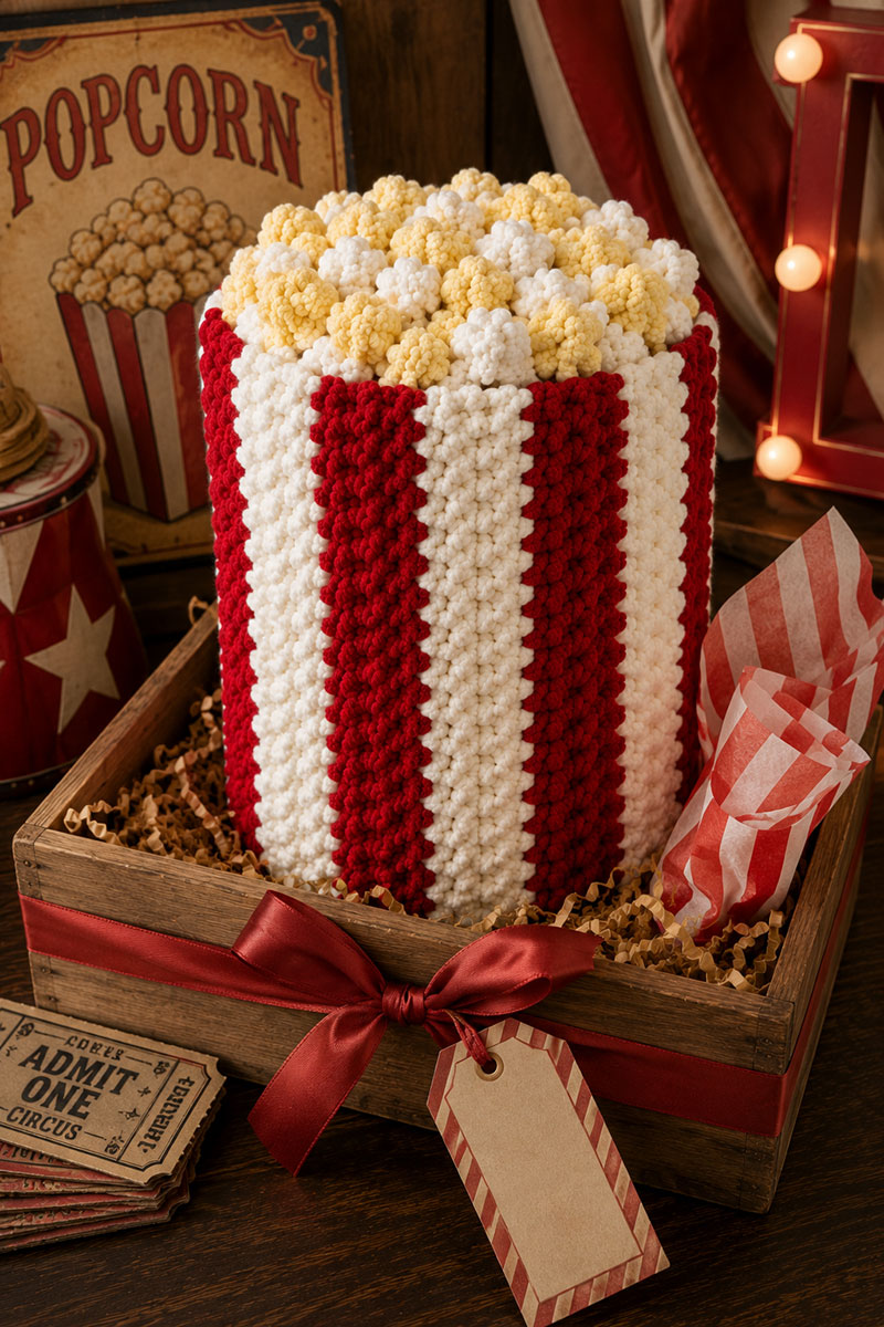 rolled circus popcorn baby blanket displayed for a baby shower gift table