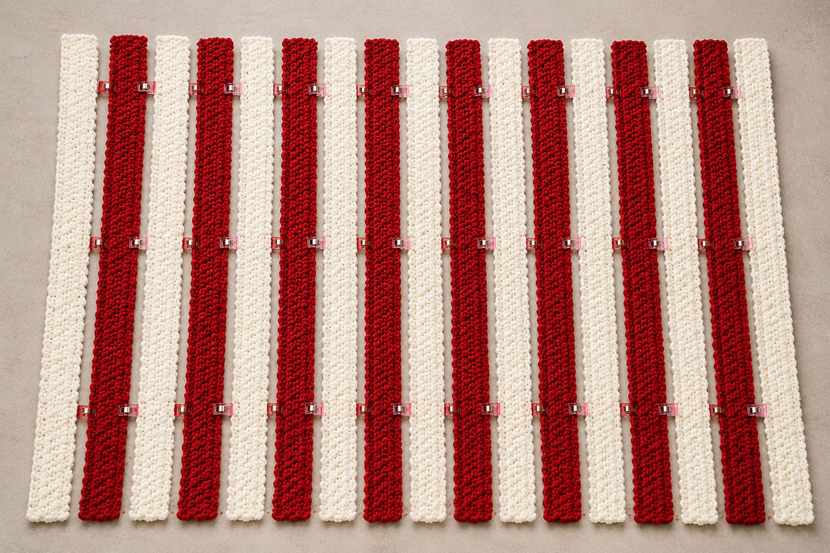 17 alternating white and red crochet strips laid out and clipped for joining the circus popcorn baby blanket