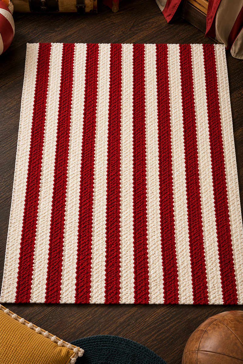 flat red and white striped crochet blanket before popcorn edging is added