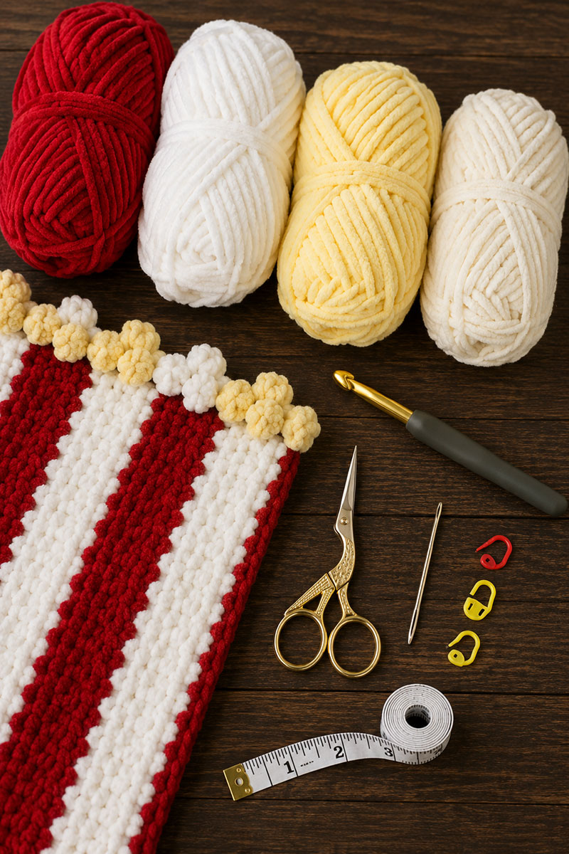 yarn and crochet supplies for a circus popcorn baby blanket crochet pattern