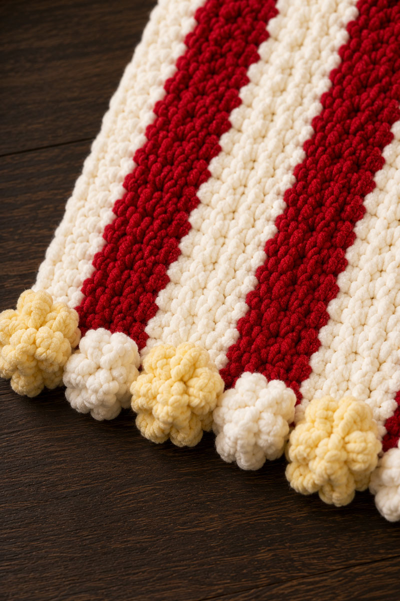 closeup of popcorn crochet edging on a striped circus baby blanket