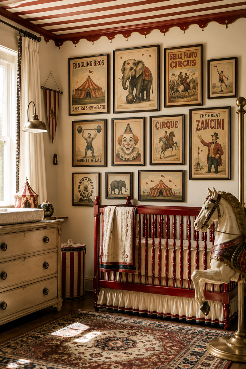 Circus nursery wall decor with vintage framed posters, striped trim, and editorial nursery styling