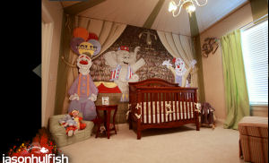 Circus nursery theme with tent ceiling and large personalized clowns