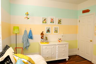 Gender Neutral Horizontal Nursery Wall Stripes in Yellow, Baby Blue and Cream