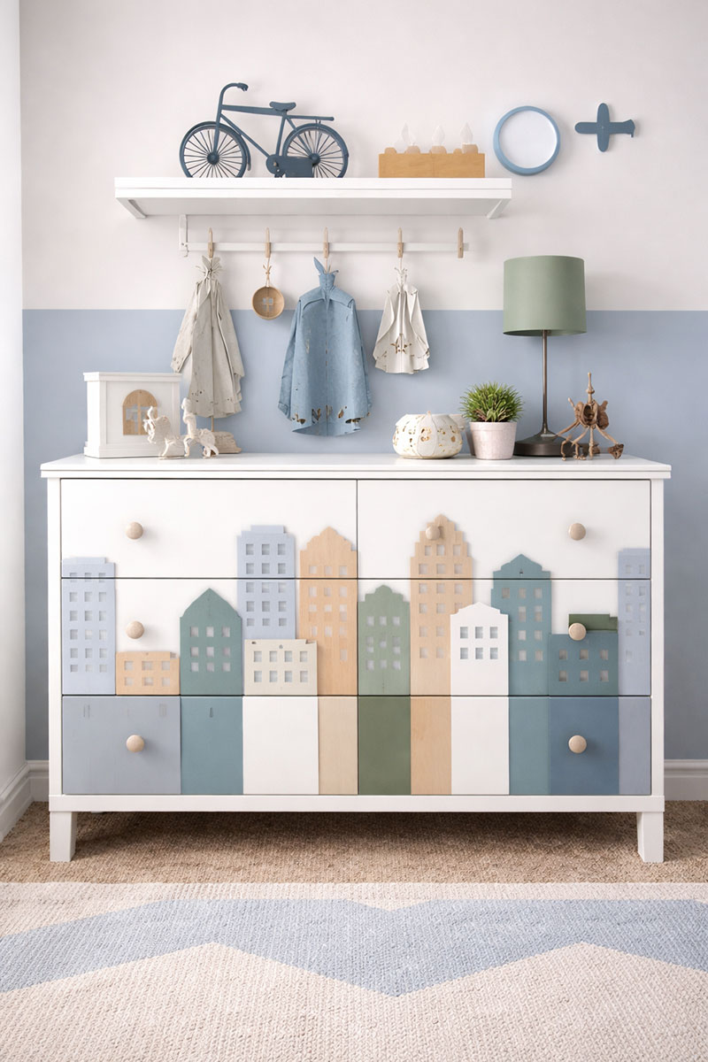 Painted chevron stripes in bright colors on a baby nursery dresser