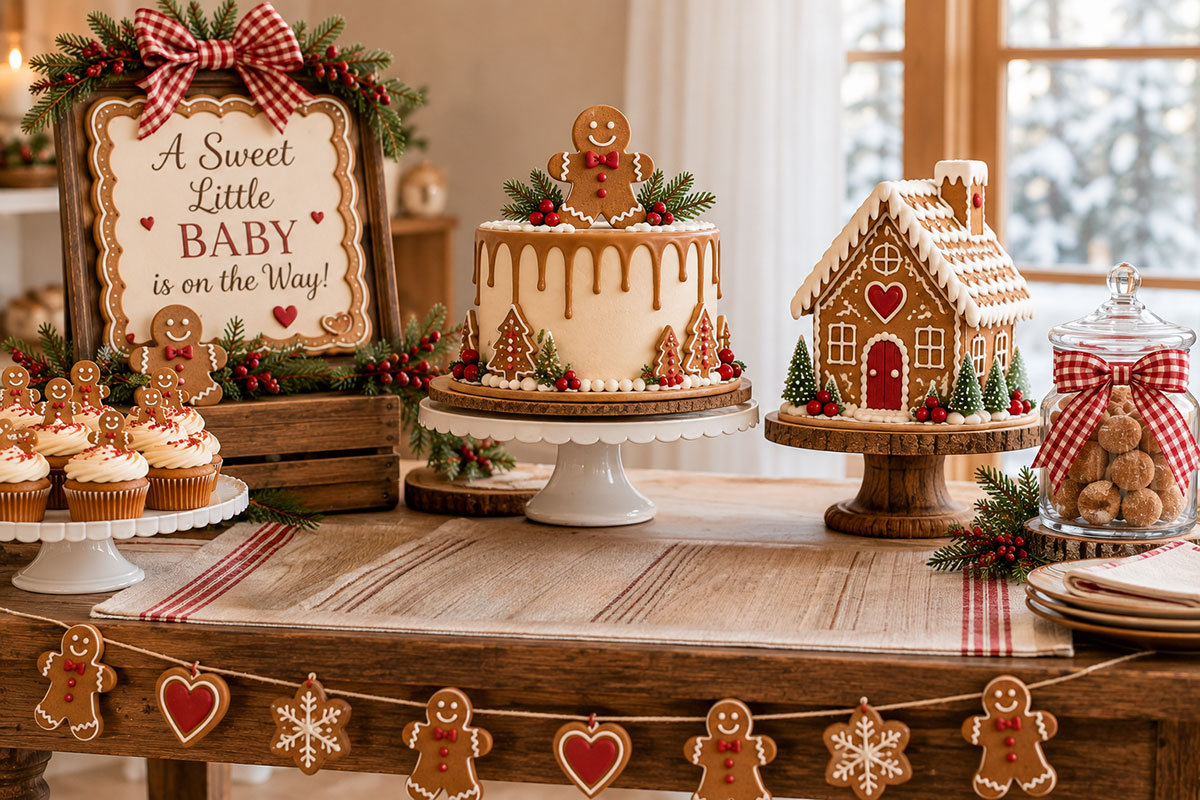 Classic gingerbread baby shower guest table with ivory place settings, deep red ribbon, gingerbread cookie accents and simple brown and cream decorations