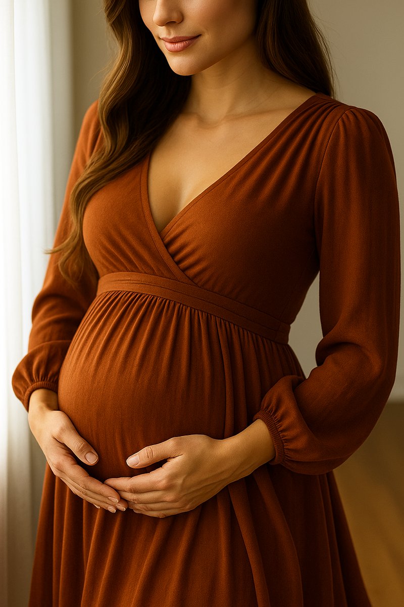 Close-up of a pregnant woman’s hands gently resting on her baby bump while wearing a soft cream maternity gown, the natural light highlighting the fabric’s texture and her serene, peaceful expression.